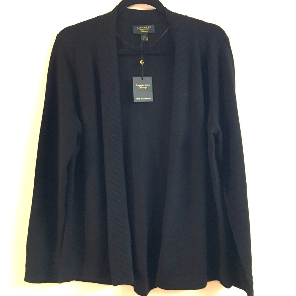 Charter Club Luxury 100% Cashmere Cardigan Large Black Open Front Classic